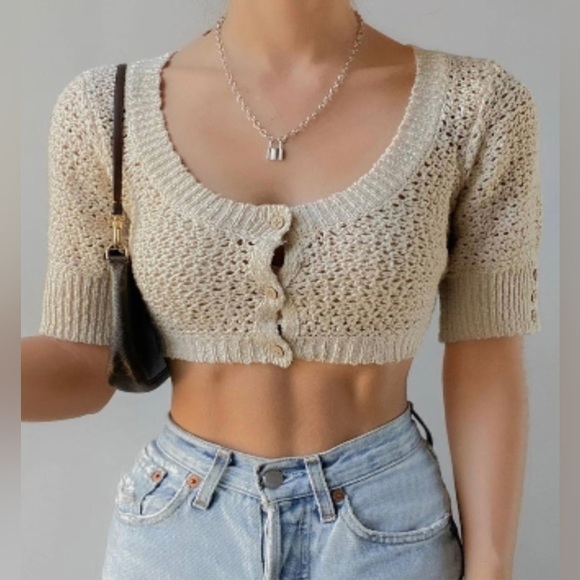 Free People Sweaters - NEW Free People Crochet Knit Cropped Womens Button Down Sweater Cardigan Sz L
